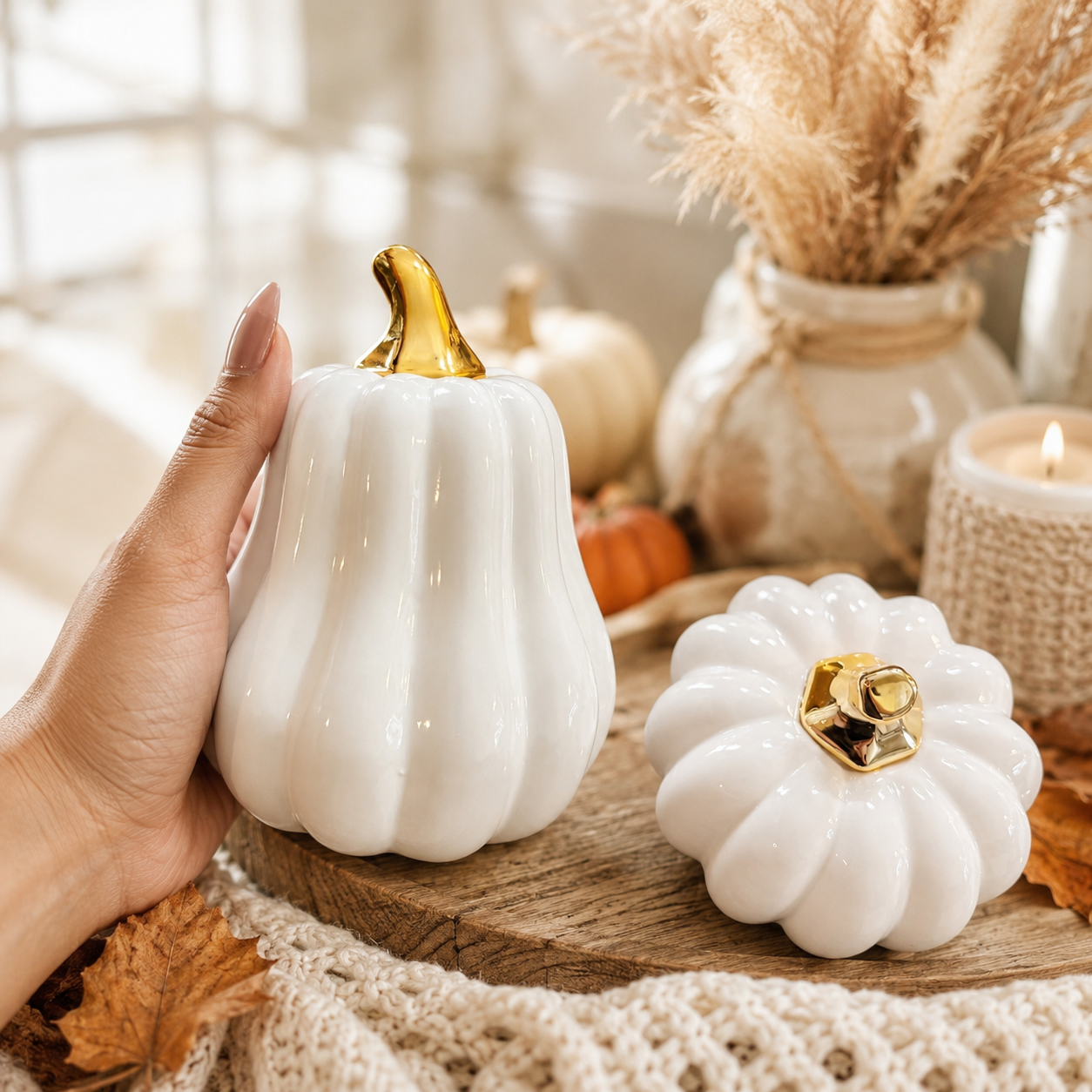 White Luxe Ceramic Pumpkin Decor