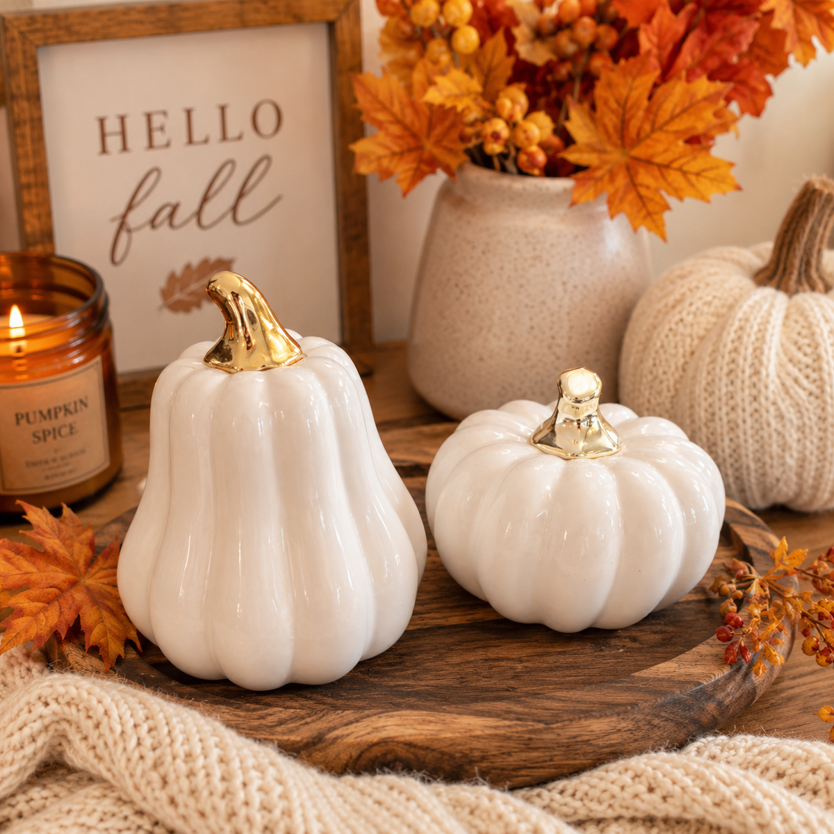 White Luxe Ceramic Pumpkin Decor