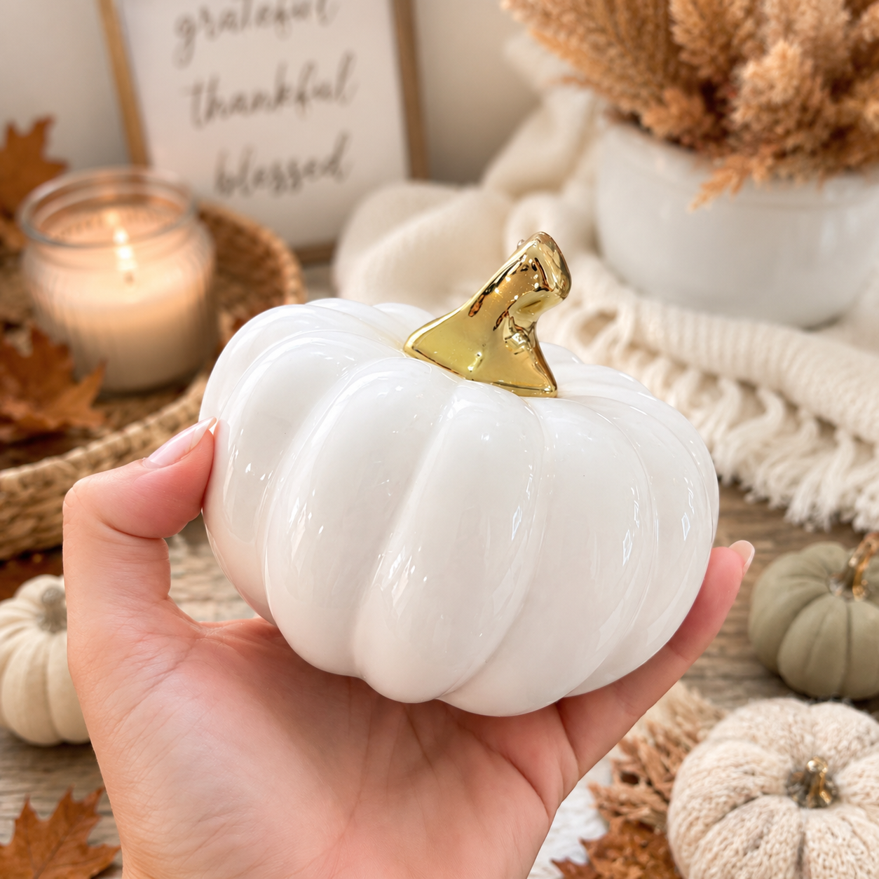 White Luxe Ceramic Pumpkin Decor