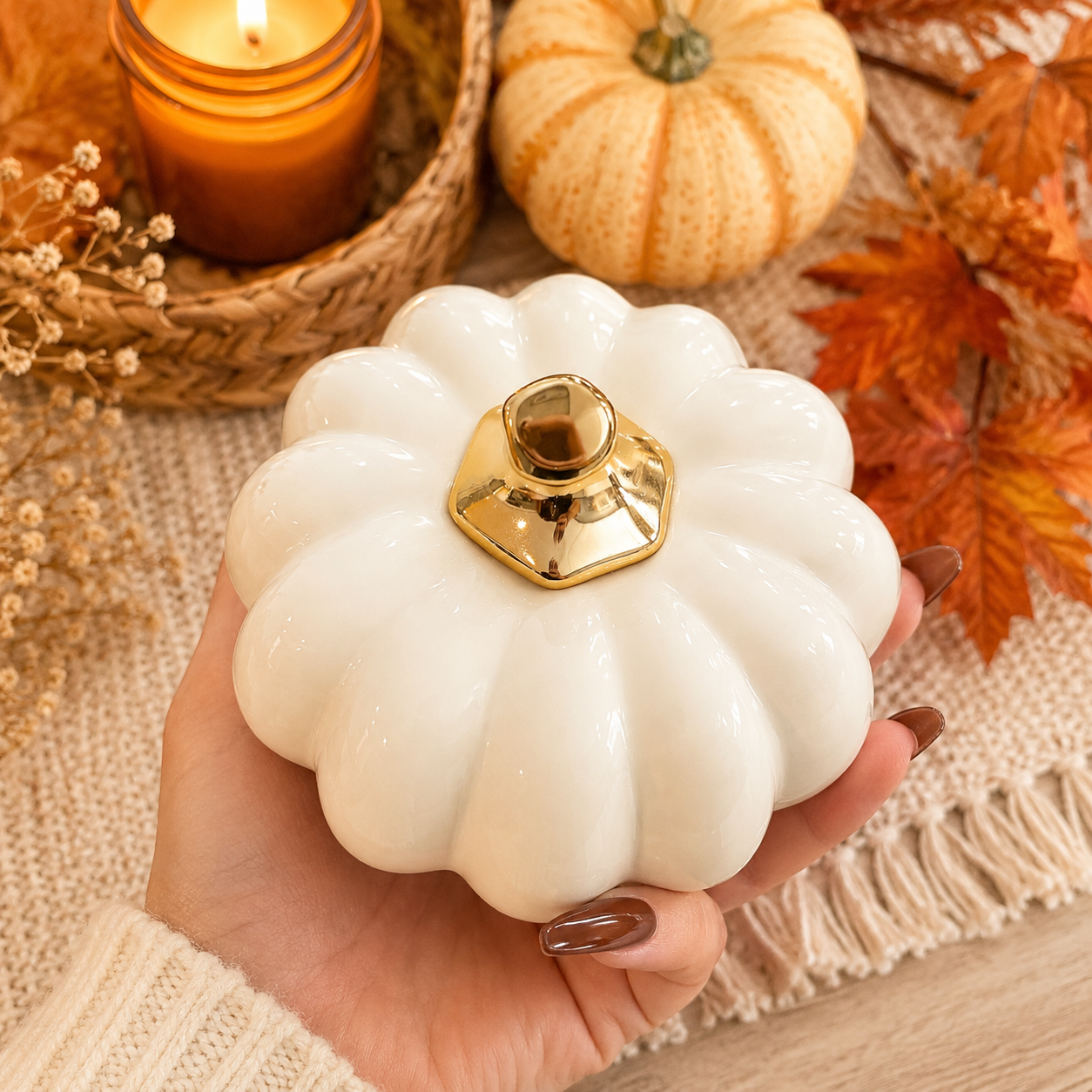 White Luxe Ceramic Pumpkin Decor